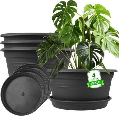 Large Flower Pots Set of 4 Pack 13 inch, Plant Pots Outdoor Planters with Drainage Hole & Tray