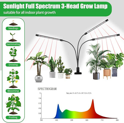 3 Head Grow Lights for Indoor Plants, Upgrade 126 LEDs Clip Plant Lights, Full Spectrum Red White