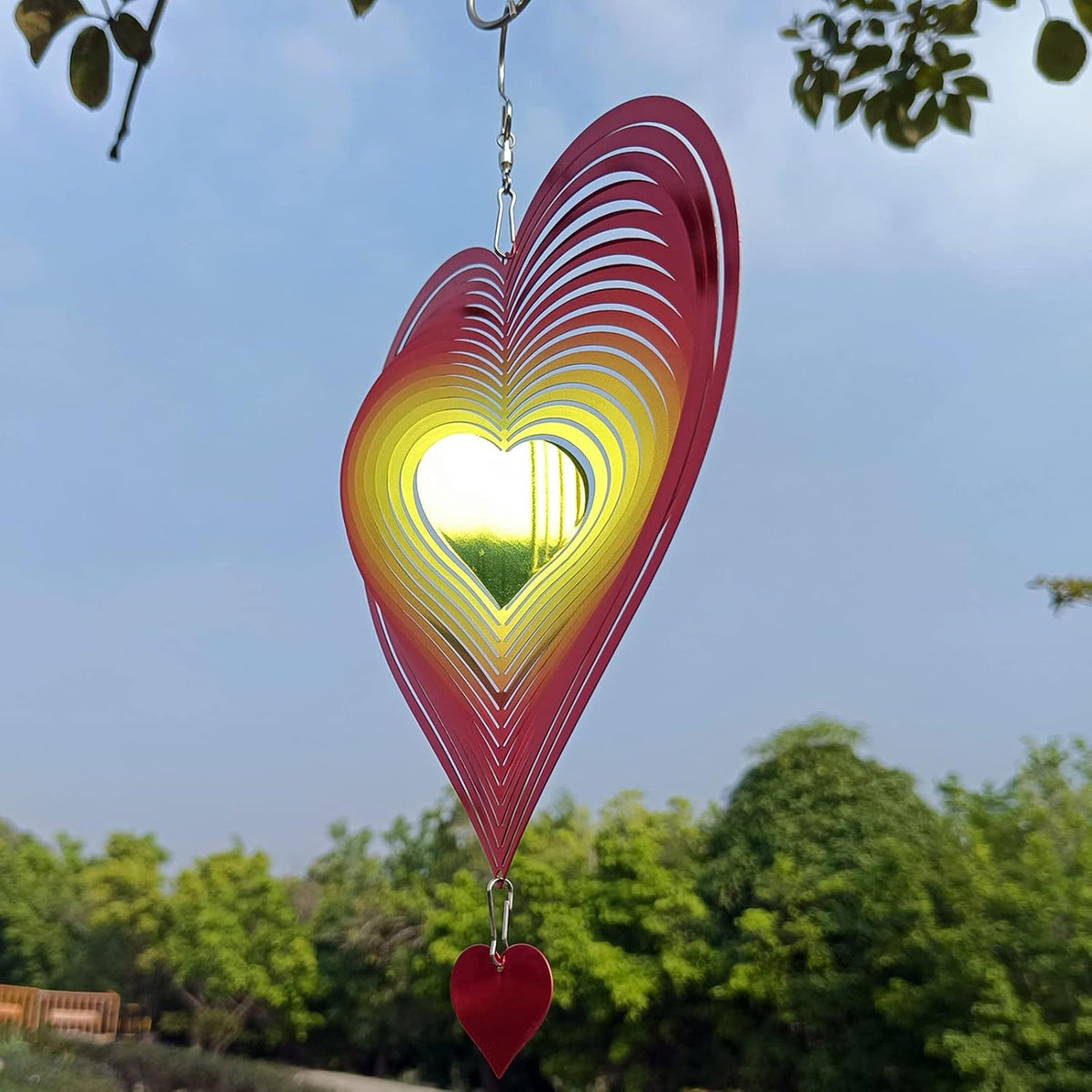 DJUAN Wind Spinner Red-Yellow Gradient Love Heart 3D Metal Hanging Wind Spinners Worth Gift