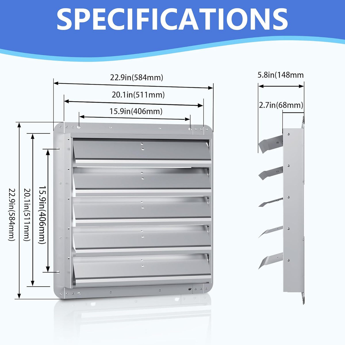 20 Inch Galvanized Shutter Exhaust Louver Vent, Automatic Gravity Shutter Louver Vent for Home