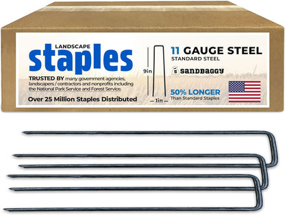 Sandbaggy USA Made 9-inch Landscape Staples - Garden Stakes - Landscaping Fabric, Netting, Sod