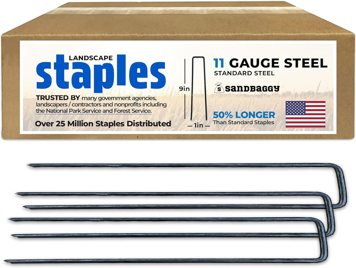 Sandbaggy USA Made 9-inch Landscape Staples - Garden Stakes - Landscaping Fabric, Netting, Sod
