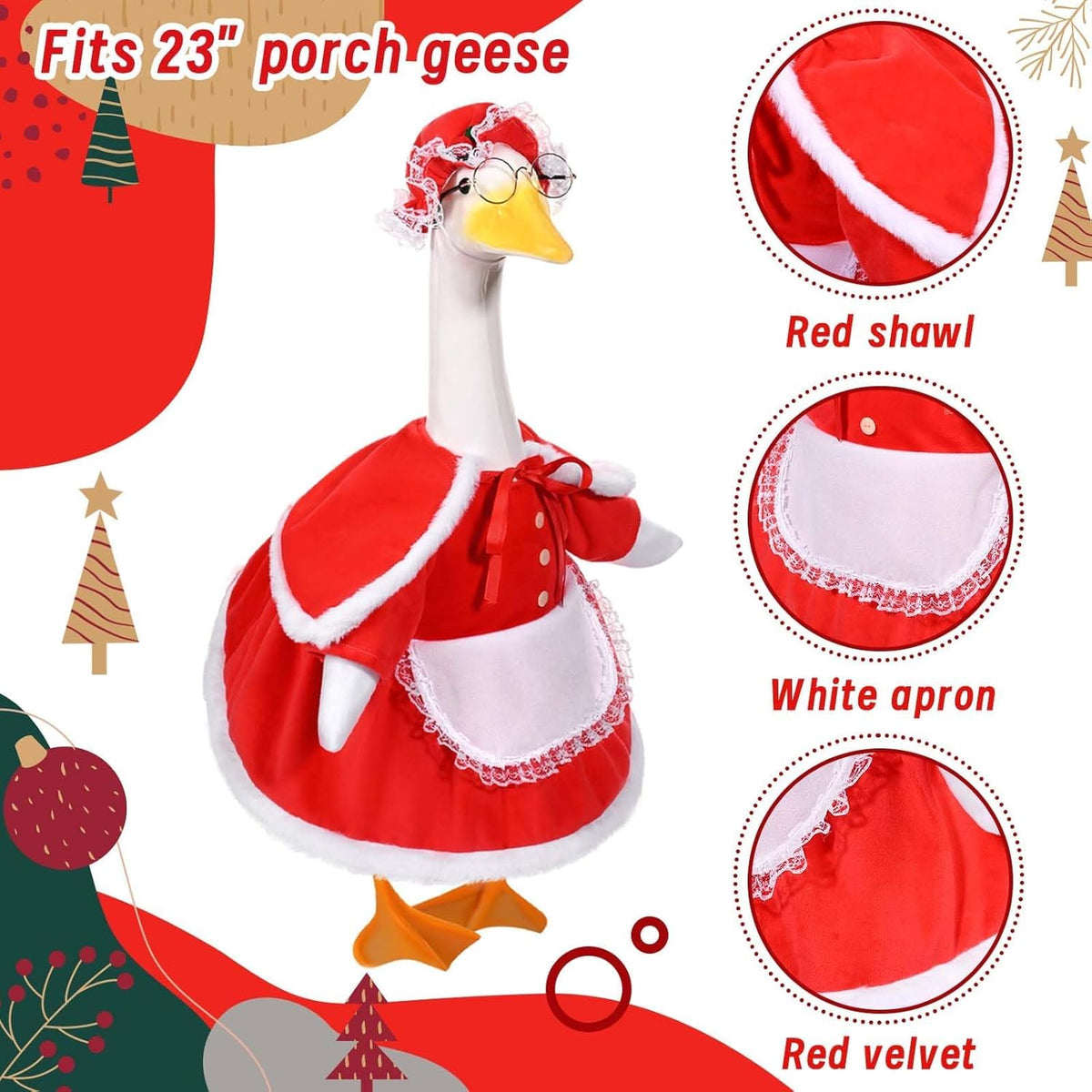 Mrs. Claus Porch Goose Outfits Christmas Lawn Goose Clothes Fits 23" Cement Plastic Goose Statue