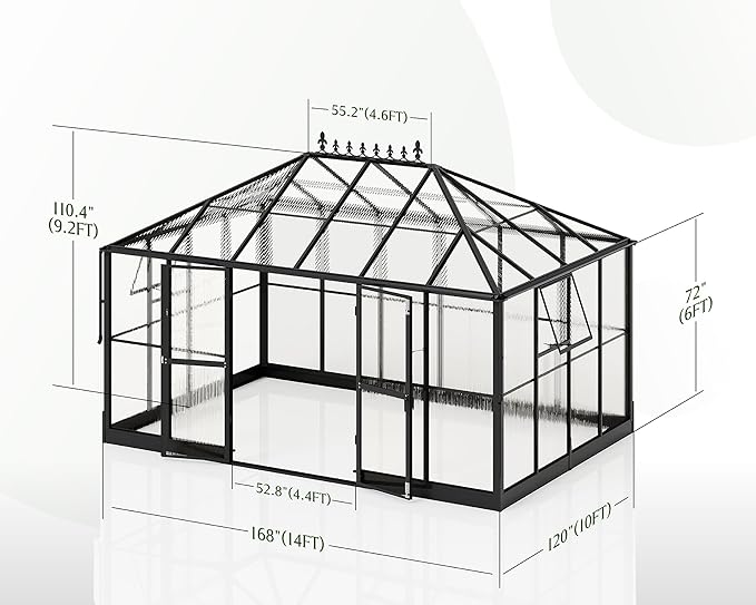 Jocisland 14x9.5x9 FT Outdoor Aluminum Greenhouse with Quick Connect Fittings, 6 FT Height Double