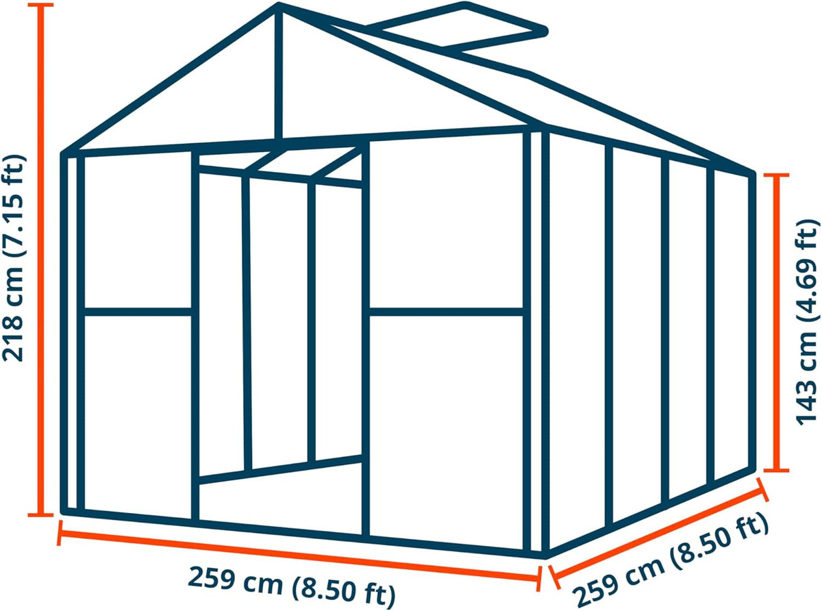 Greenhouse Saphir 4 Aluminum Frame 8.5 x 8.5 ft Approx. 8 mm Polycarbonate Panels - with Bonus Base