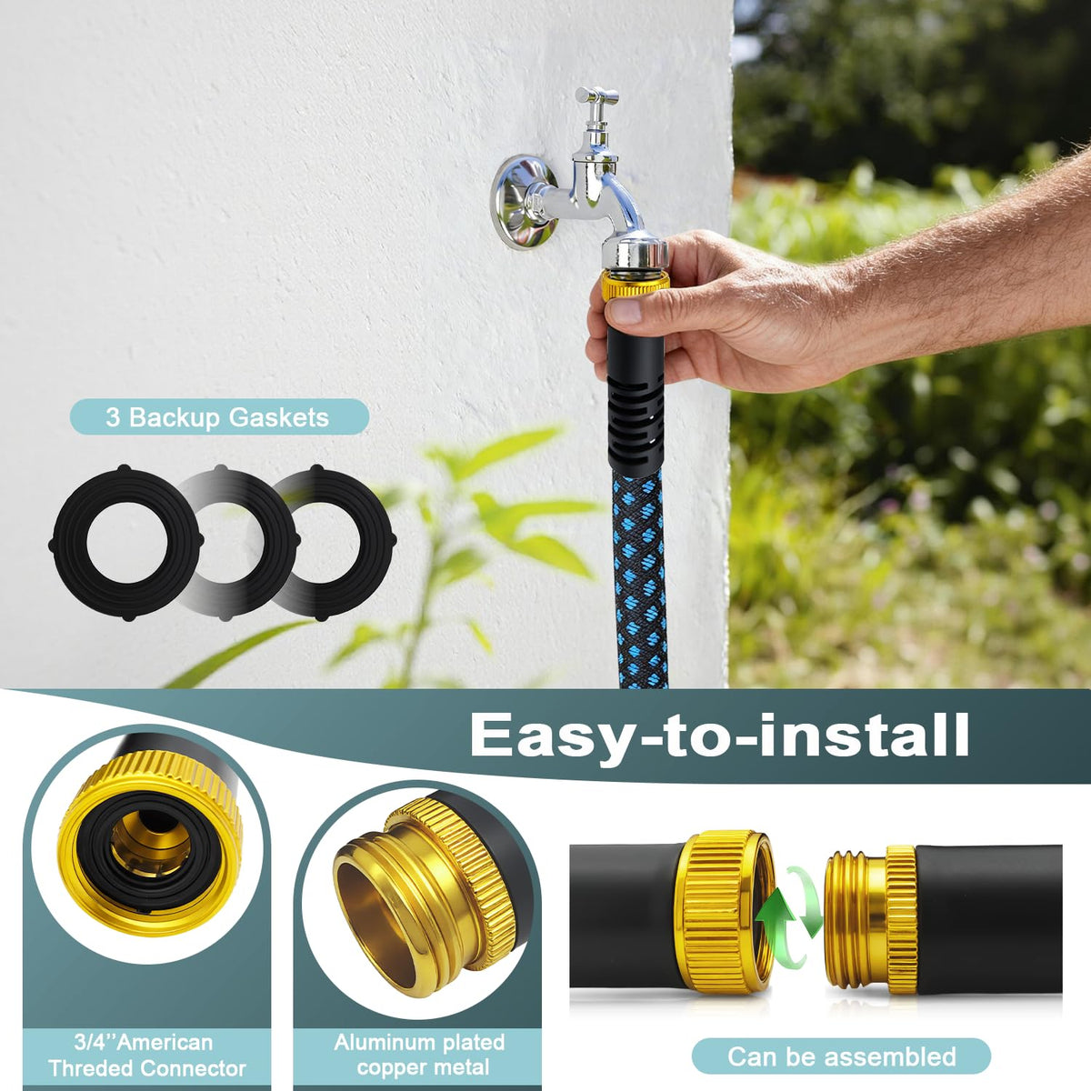 Garden Hose 50ft, Non-Expanding Water Hose Ultra Lightweight, Kink-Free Flexible Hose with