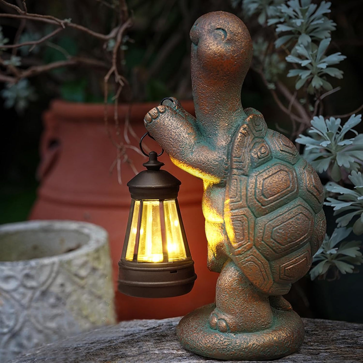Turtle Solar Powered Outdoor Garden Statue, Resin Statue with Solar Light Lantern, Decorative Lawn