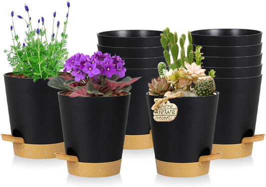 12 Pack 4 Inch Self Watering Plant Pots with Drainage and Saucers，Plastic Flower Pots for Indoor