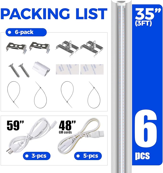 Barrina LED Grow Lights, Full Spectrum, 180W(6 x 30W, 1000W Equivalent), 3ft Grow Light Strips, T8