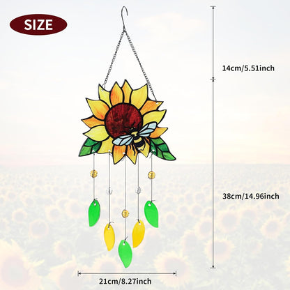 Stained Glass Suncatcher, Sunflower and Ladybug Window Hanging, 20 x 8 inches, Hand-Painted (Style