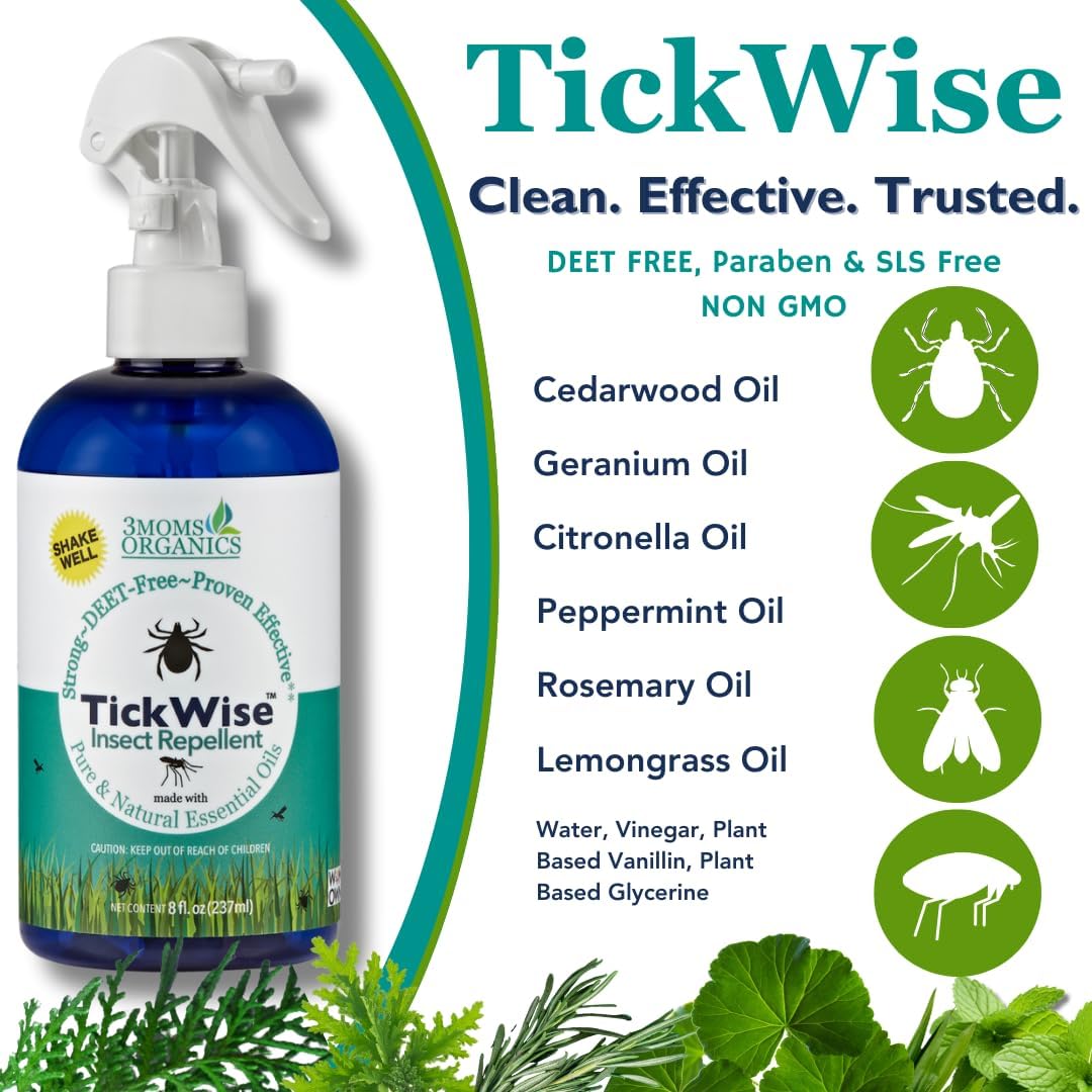 3 Moms Organics TickWise 8oz, Made with All Natural Essential Oils, DEET-Free, Tick and Insect