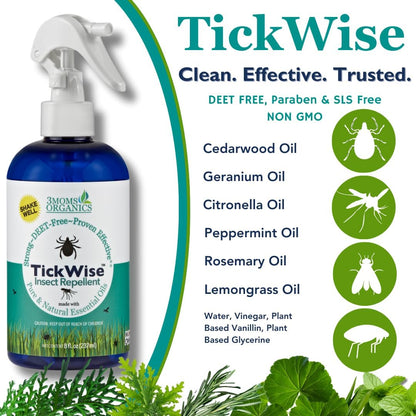 3 Moms Organics TickWise 8oz, Made with All Natural Essential Oils, DEET-Free, Tick and Insect