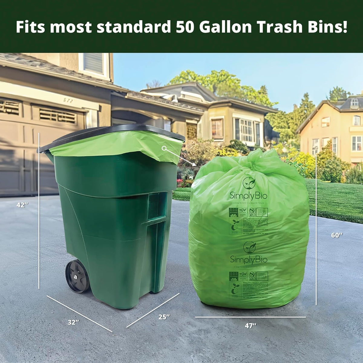 64 Gallon Compostable Trash Bags Flat-Top, Heavy Duty Extra Thick 2 Mil, 242.27 Liter, 12 Bags