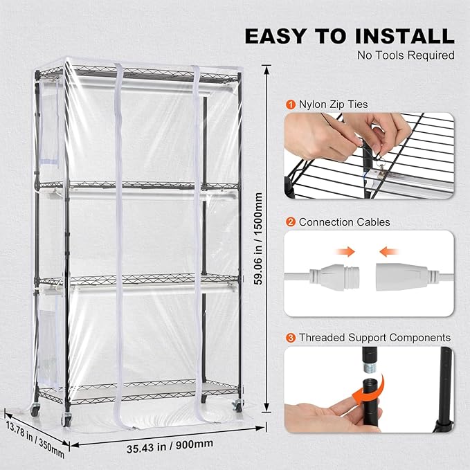 VEVOR Plant Stand with Grow Light, Grow Light Shelf with Cover and Thermometer, 4 Tiers 180W Plant