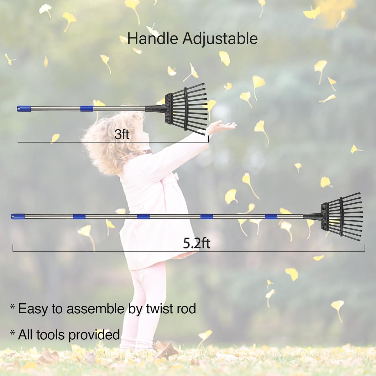 Rake for Leaves, 8" Wide 11 Tines Small Metal Hand Garden Adjustable Lawn Yard Shrub Kids Leaf Rake