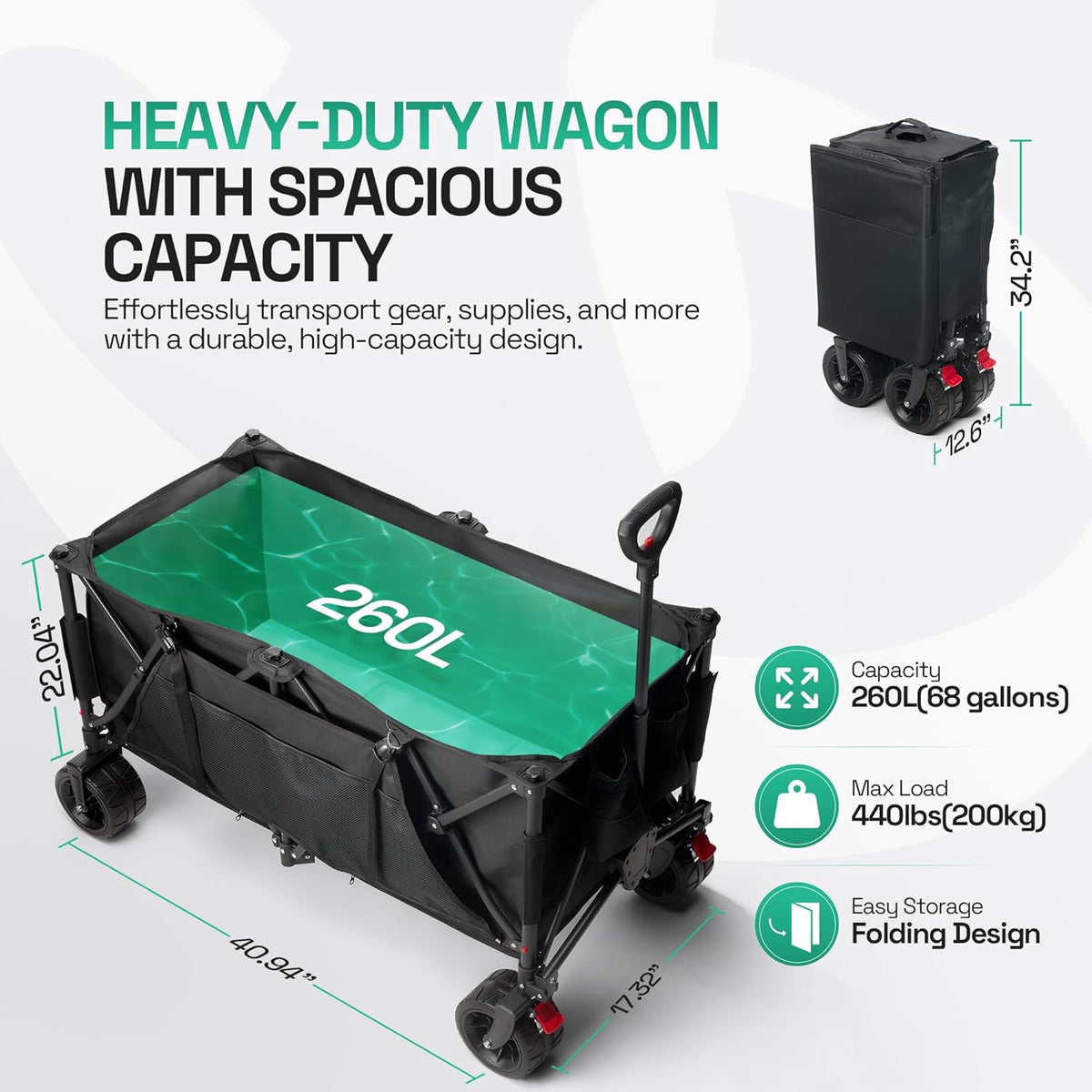 Foldable Beach Wagon Cart- Interchangeable All Terrain Wheels- 12" Beach Wheels Optional- Patent