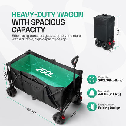 Foldable Beach Wagon Cart- Interchangeable All Terrain Wheels- 12" Beach Wheels Optional- Patent