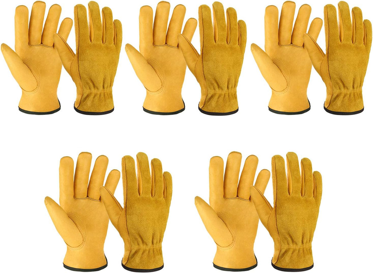 OZERO 5 Pairs Leather Work Gloves Flex Grip Tough Cowhide Gardening Glove for Wood