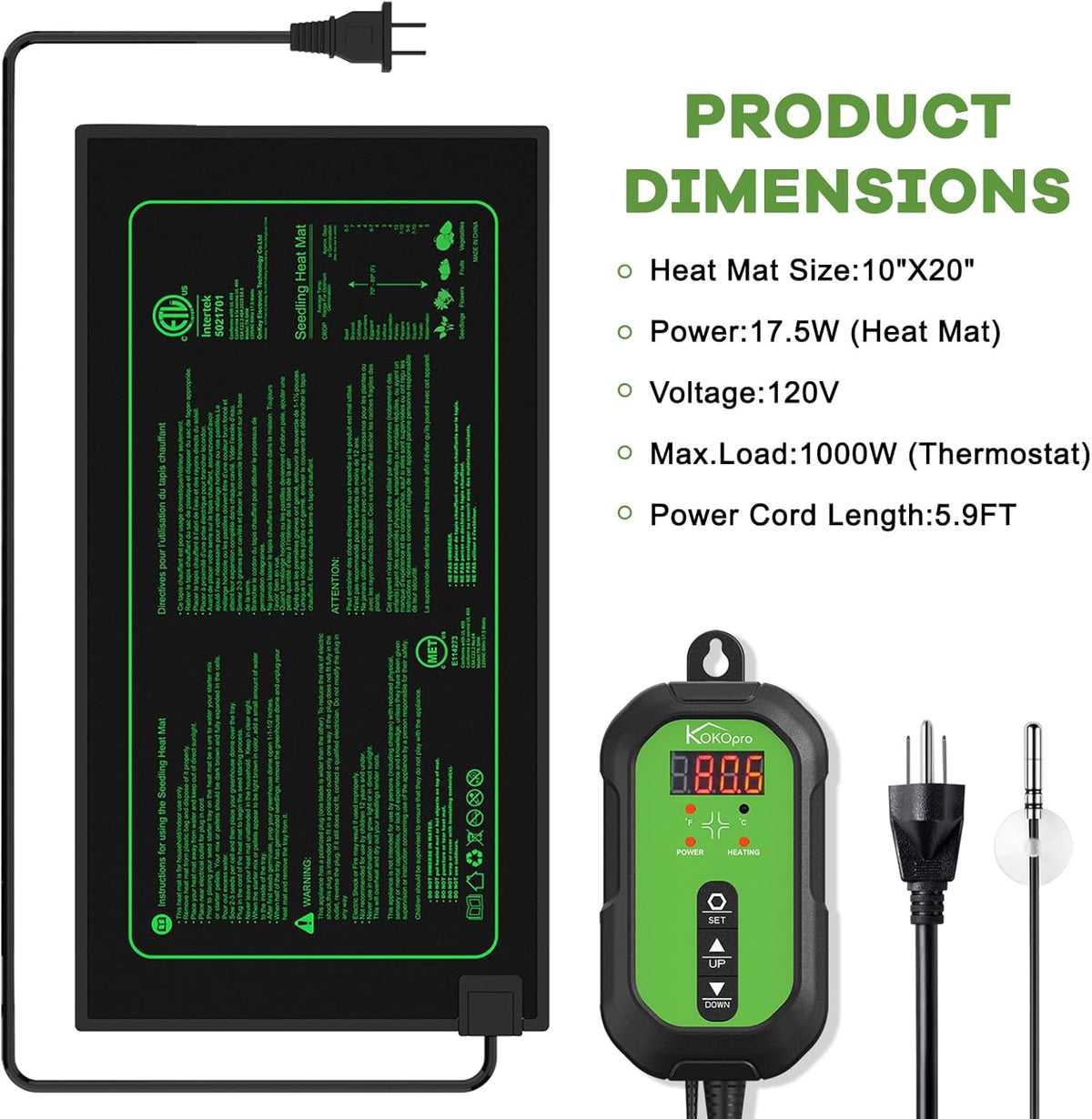 10"x 20" Seedling Heat Mat and Digital Thermostat Combo Set - KOKOPRO Warm Hydroponic Heating Pad