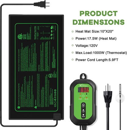 10"x 20" Seedling Heat Mat and Digital Thermostat Combo Set - KOKOPRO Warm Hydroponic Heating Pad