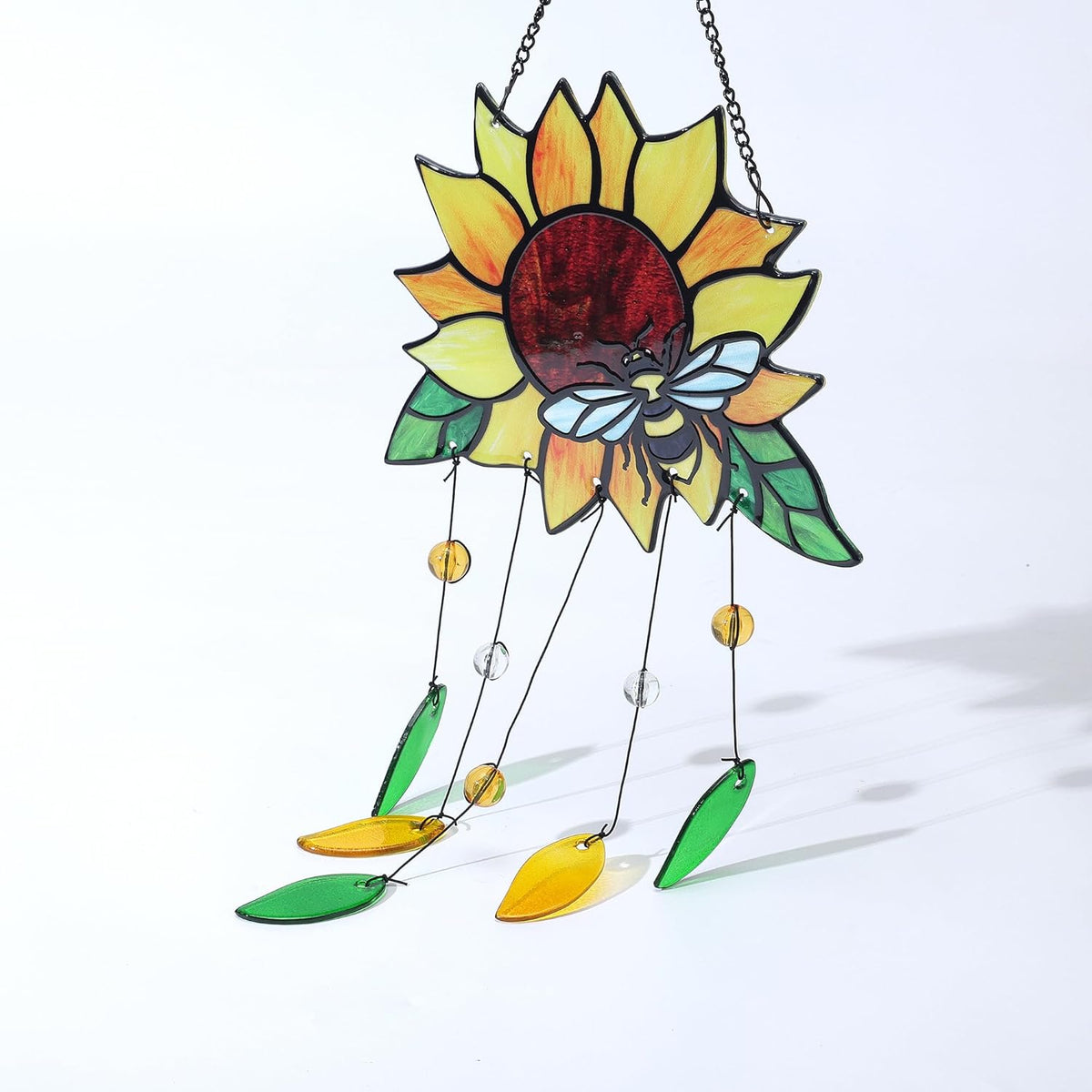 Stained Glass Suncatcher, Sunflower and Ladybug Window Hanging, 20 x 8 inches, Hand-Painted (Style