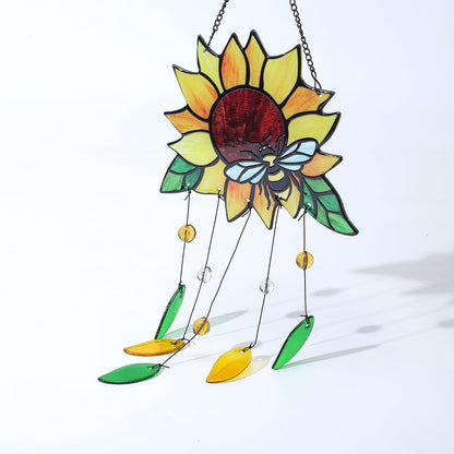 Stained Glass Suncatcher, Sunflower and Ladybug Window Hanging, 20 x 8 inches, Hand-Painted (Style