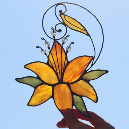 Orange Tiger Lily Flower Gift for Her Women, Love Gift Stained Glass Window Hanging Floral