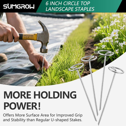 Landscape Staples,120 Pcs Garden Stakes, Circle Top 6-inch Galvanized Steel, Spikes Pins for