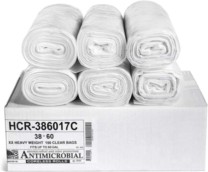 Aluf Plastics High Density Trash Bags, 60 Gallon, 150 Count, 17 Micron (eq), 38" x 60", Clear, for