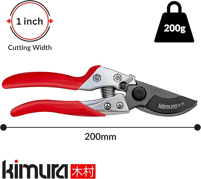 Kimura® 8" Pro Bypass Pruning Shears, Heavy Duty Japanese SK5 Steel Blades, 1 inch Cut Capacity