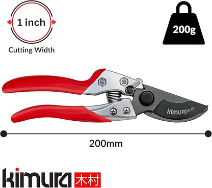 Kimura® 8" Pro Bypass Pruning Shears, Heavy Duty Japanese SK5 Steel Blades, 1 inch Cut Capacity