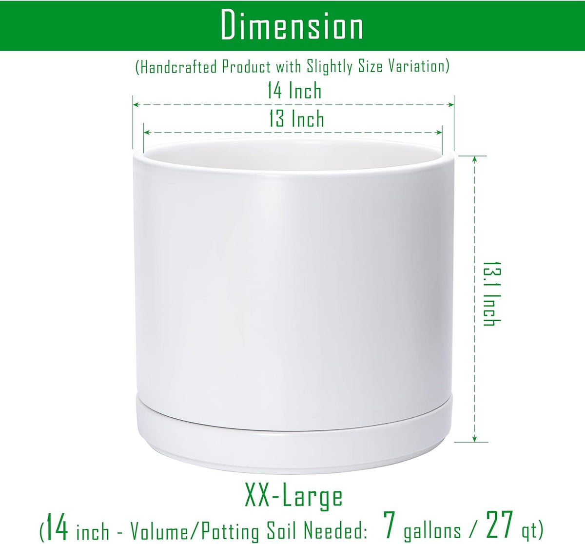 D'vine Dev 14 Inch Ceramic Planter Pot with Drainage Hole and Saucer, Indoor Cylinder Round Planter