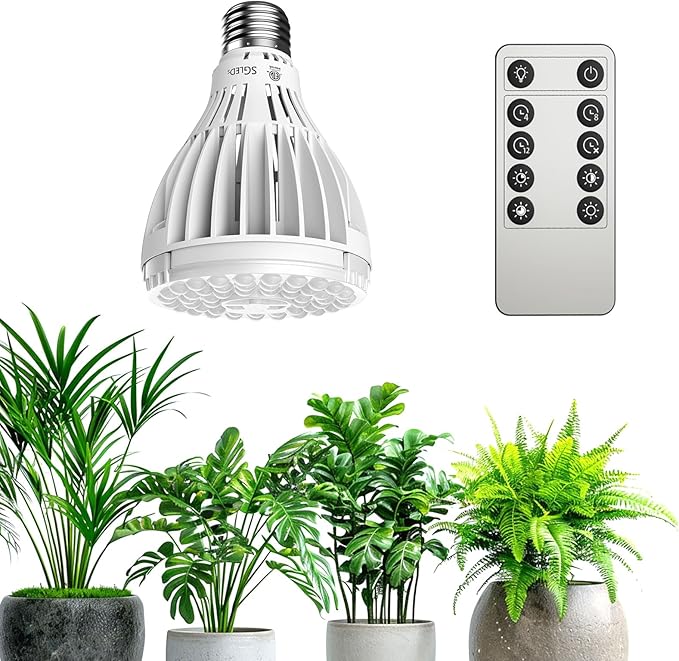 Dimmable Grow Light Bulb, Full Spectrum with Remote Control, Auto On Off Timing 4 8 12 Hrs, 32W