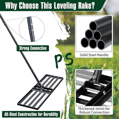 Jardineer Lawn Leveling Rake 36 Inches with 72 Inches Long Handle, Yard Leveling Rakes for Grass