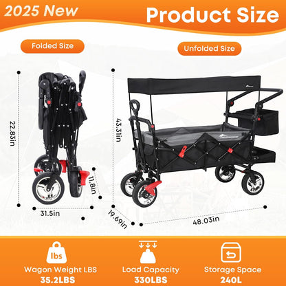 Wagon Cart with Removable Canopy,Collapsible Foldable Wagon, Heavy Duty Utility Outdoor Foldable