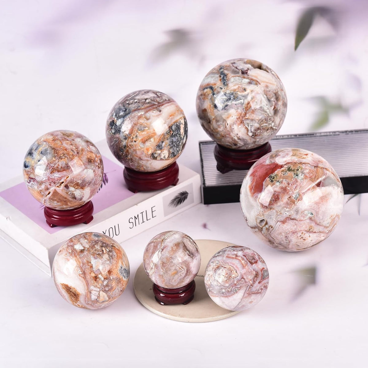 JIC Gem Natural Striped Agate Crystal Sphere with Wooden Stand Decorative Crystal Ball Healing