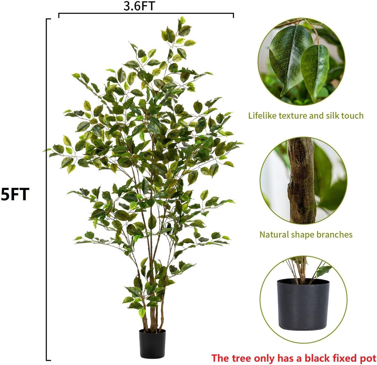 Artificial Ficus Tree Indoor 5ft, Large Potted Faux Tree with Realistic Silk Leaves & Trunk for
