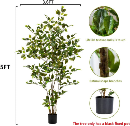 Artificial Ficus Tree Indoor 5ft, Large Potted Faux Tree with Realistic Silk Leaves & Trunk for