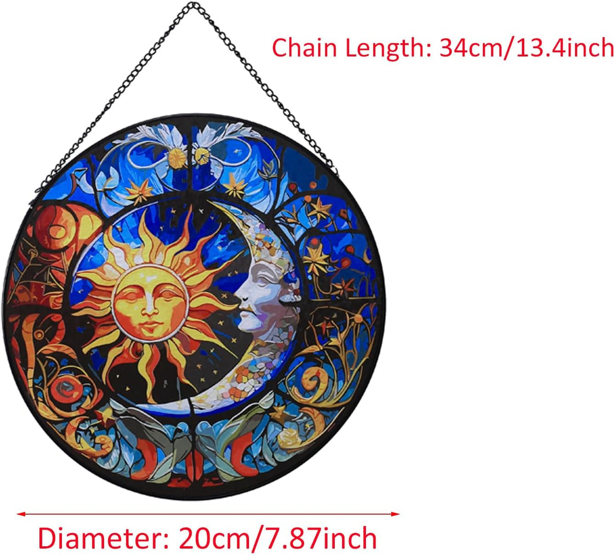 Hanging Stained Glass for Windows,20cm/7.87inch Sun and Moon Hand-Painted Sun Catcher Garden