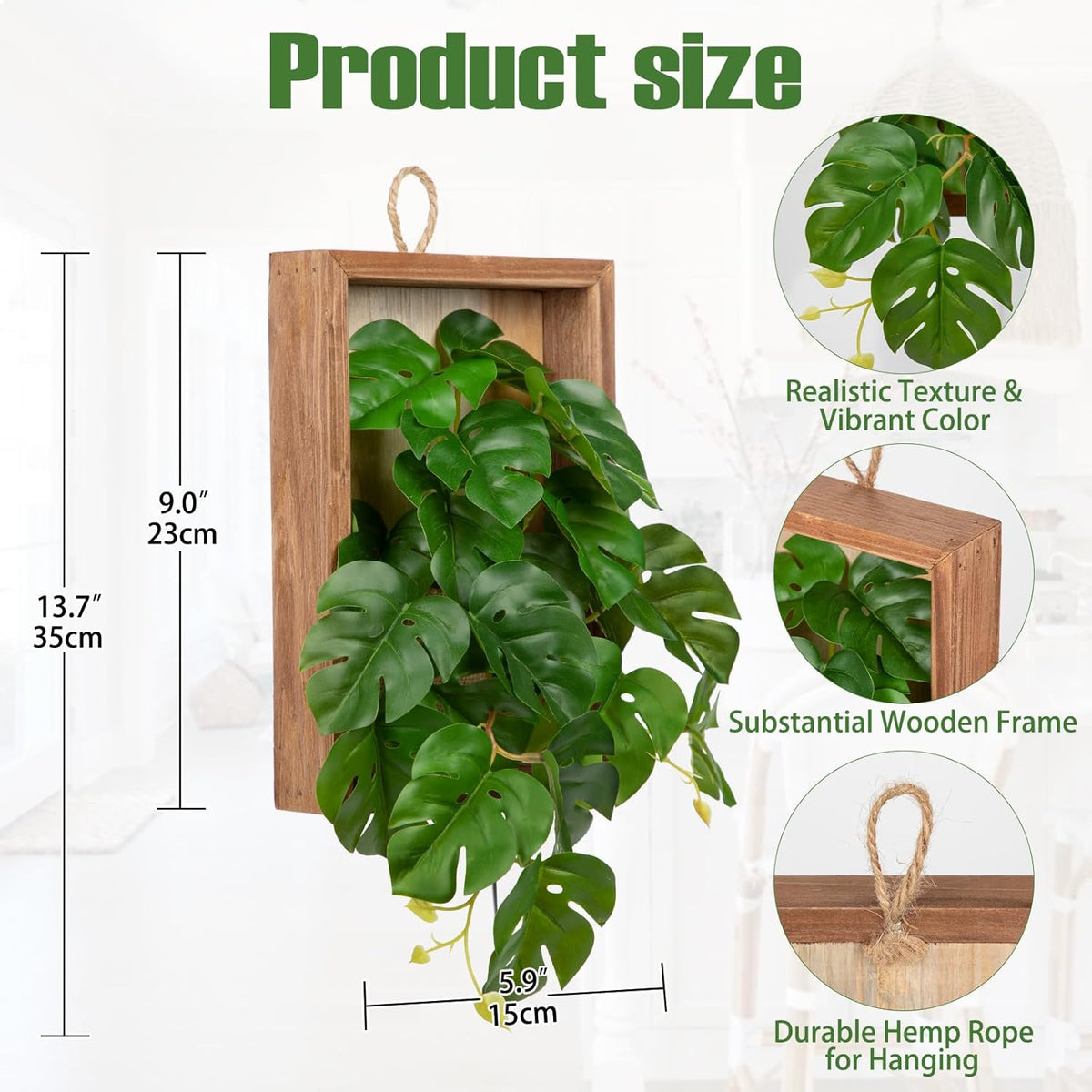 DILATATA Artificial Hanging Plants with Wooden Frame 2 Pack Faux Monstera Leaves Hanging Vine