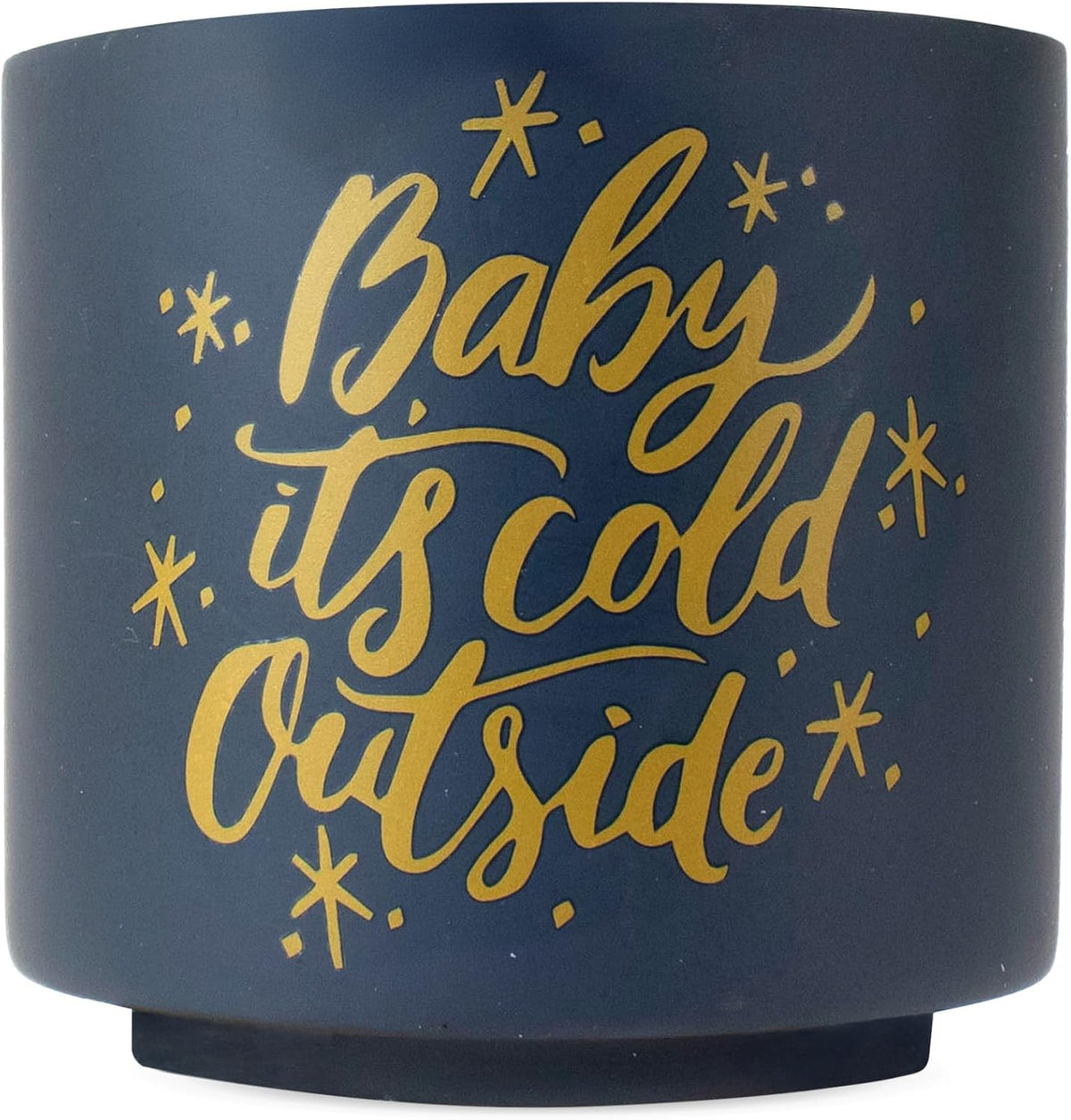 Ceramic Holiday Planter Pot with Wood Stand, Baby It's Cold Outside Design, Navy Blue & Gold, Holds