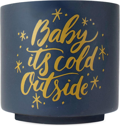 Ceramic Holiday Planter Pot with Wood Stand, Baby It's Cold Outside Design, Navy Blue & Gold, Holds