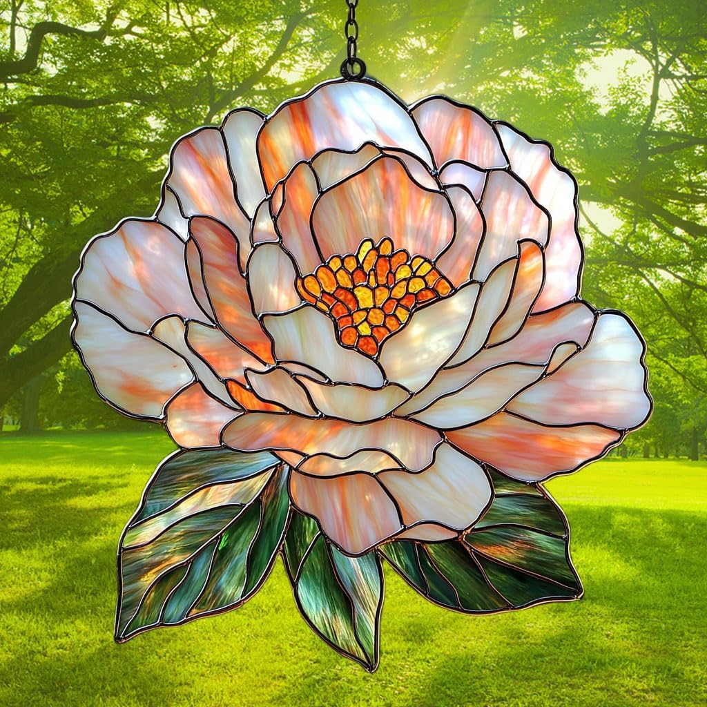 Pastel Pink Peony Acrylic Suncatcher Stained Glass Effect Window Car Hanging Christmas Ornament
