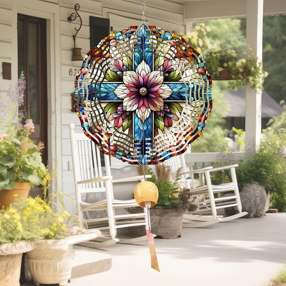 Cross Wind Spinner, Metal Wind Spinners Outdoor/Indoor, Cross Flower Hanging Garden Decor for