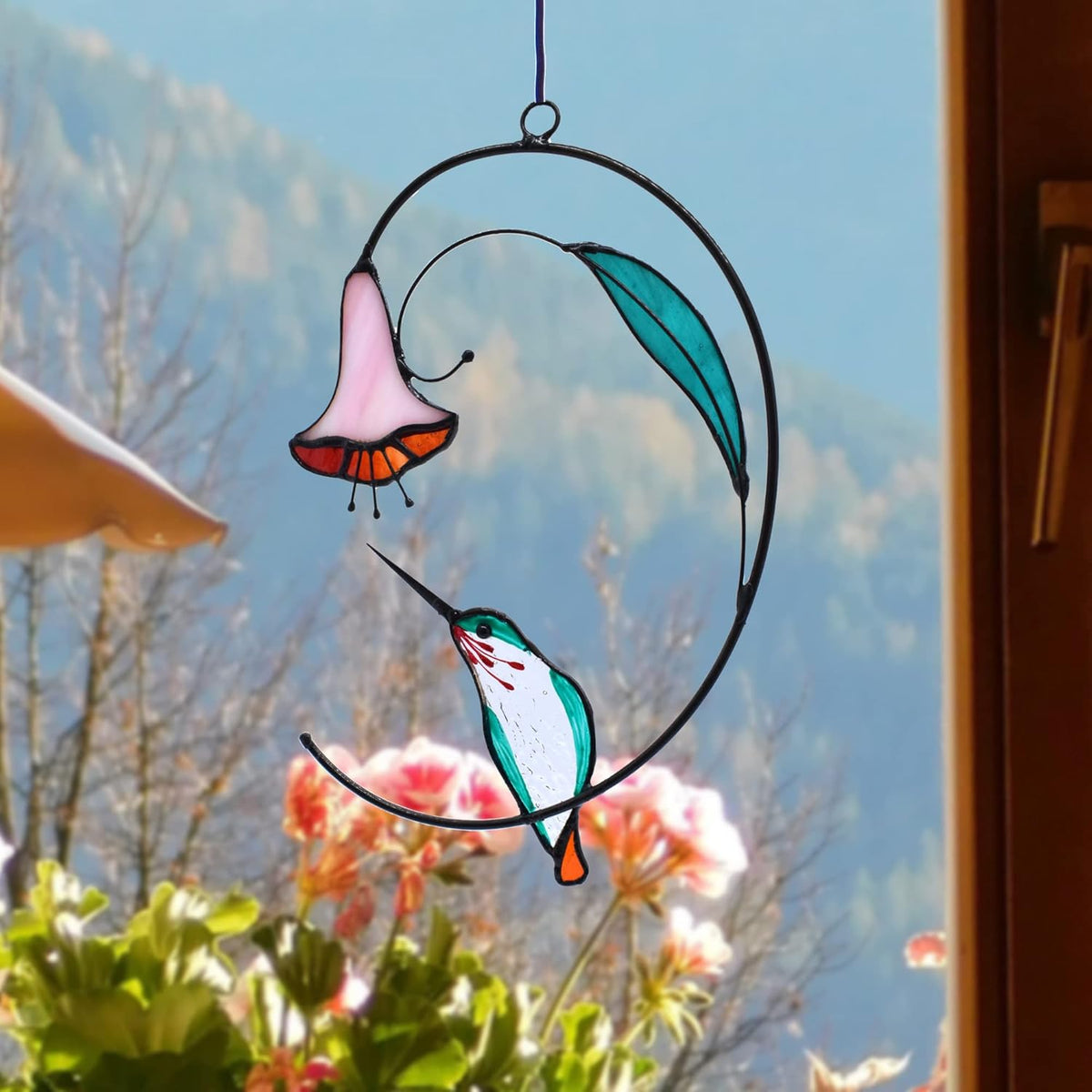 Lolitarcrafts Hummingbird with Flower Stained Glass Suncatcher Bird Stained Glass Window Hangings
