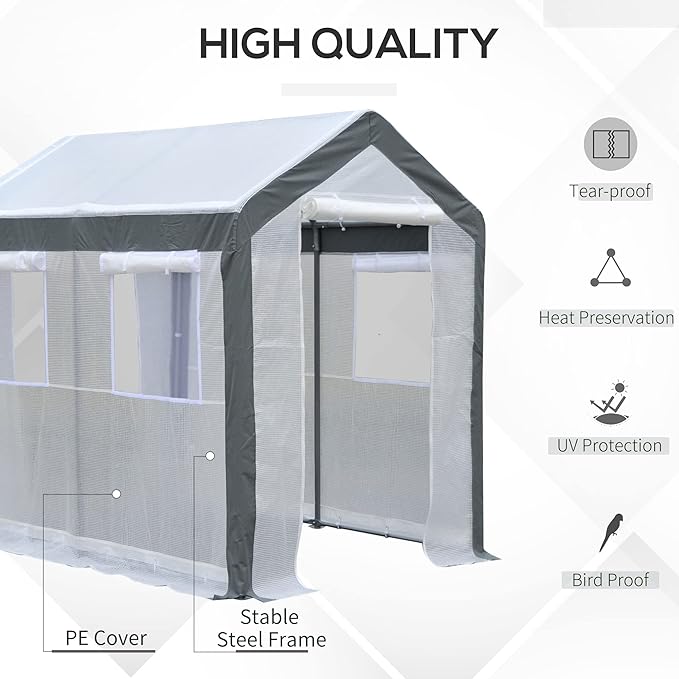 Outsunny 8' x 6' x 7' Walk-in Greenhouse, Outdoor Garden Warm Hot House with 4 Roll-up Windows, 2