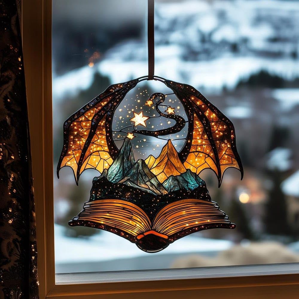 Dragon Wings Book Bookworm Acrylic Suncatcher Stained Glass Effect Window Car Hanging Christmas