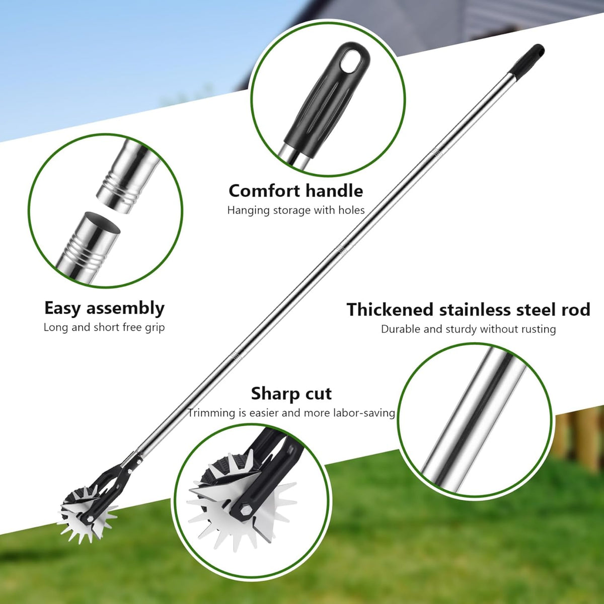 Edger Lawn Tool 53.2 Inch Manual Grass Edger with 3 Sections Stainless Steel Handle and Wheel