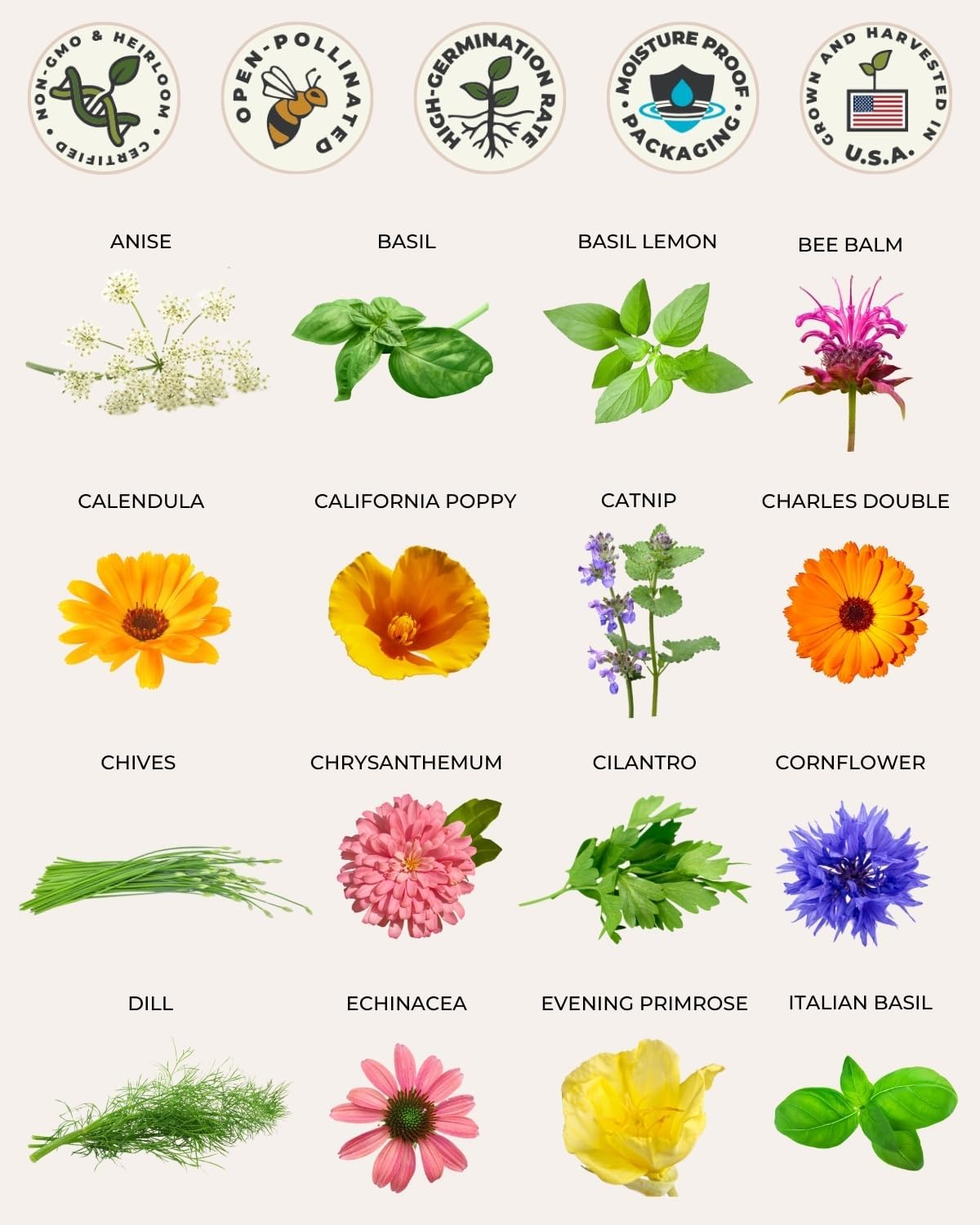 35 Tactiko Edible Flower & Herb Seeds Kit Variety - USA Grown Heirloom Non-GMO Open-Pollinated