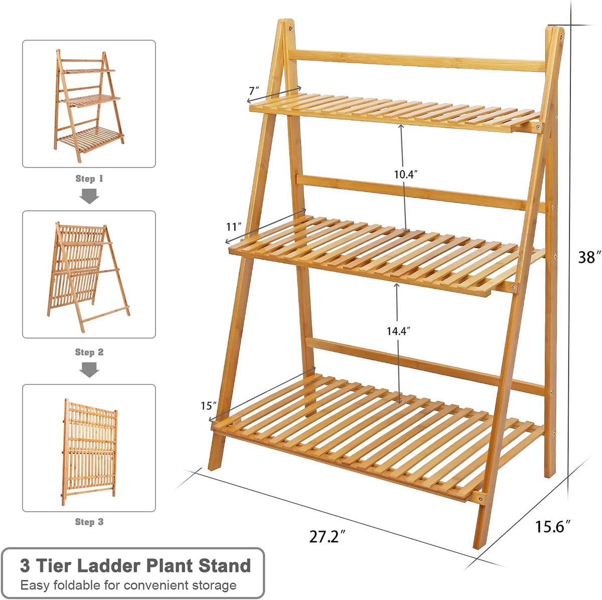 Ufine Bamboo Ladder Plant Stand 3 Tier Foldable Flower Pot Display Shelf Rack for Indoor Outdoor